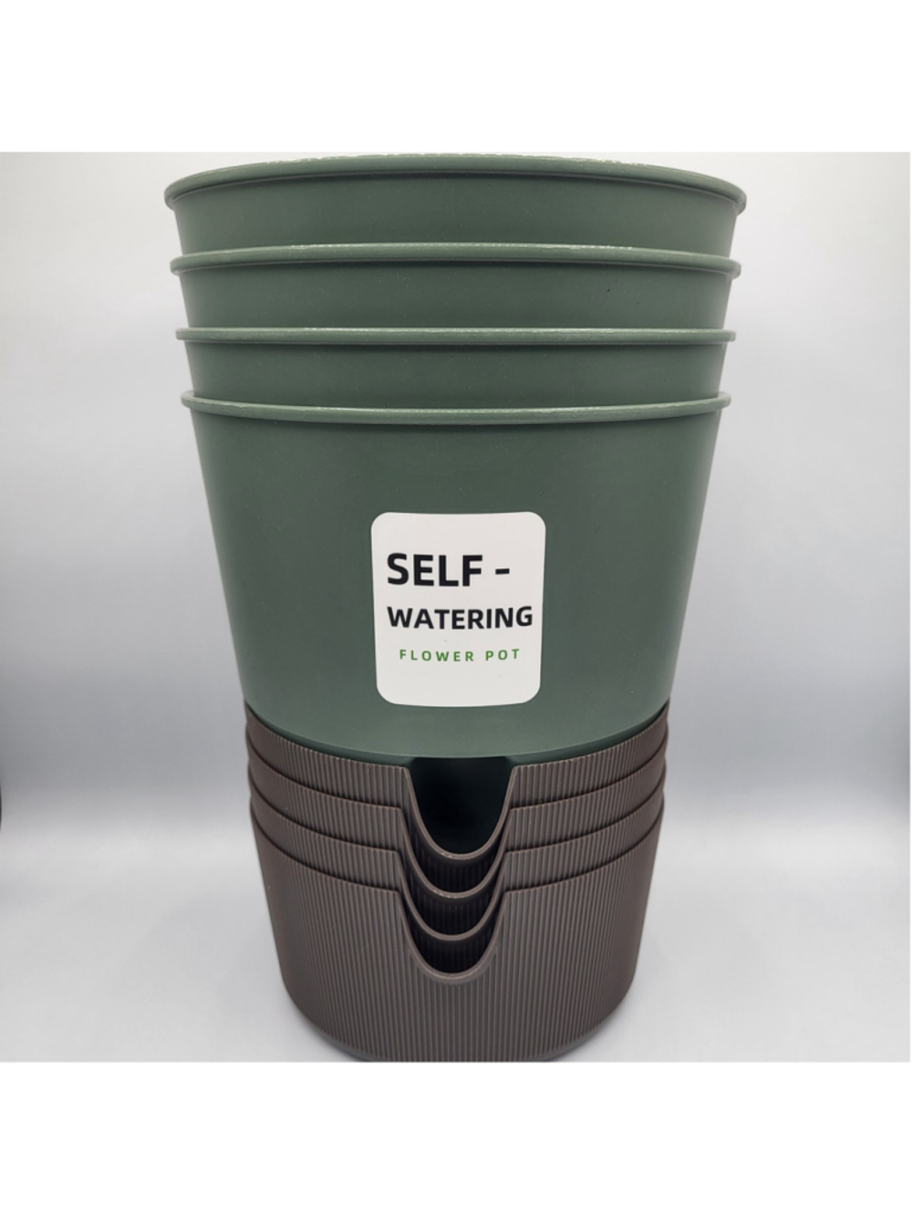4-Pack 7.5" Self-Watering Plant Pots with Removable Bases – Green & Brown – NIB